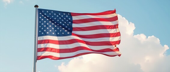 Fototapeta premium American Flag Waving Against a Bright Blue Sky