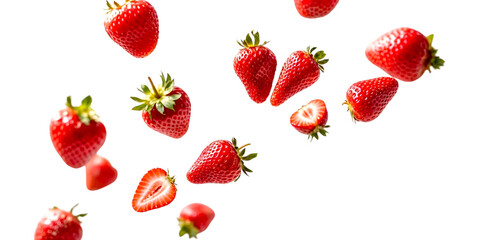 Strawberries are scattered floating in the air on a transparent background. Strawberry background