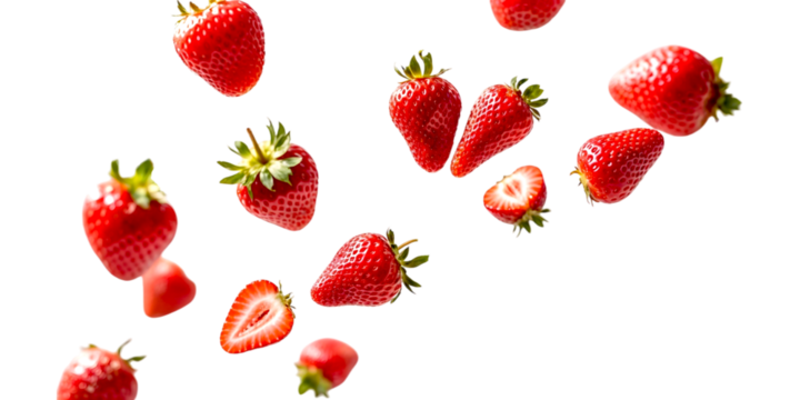 Strawberries are scattered floating in the air on a transparent background. Strawberry background