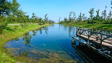 Taitung, Taiwan - 8.5.2018: A wooden observation dock over a pond with a walking trail surrounding it and two people cycling at Taitung Forest Park under a clear blue sky with sunlight in the summer