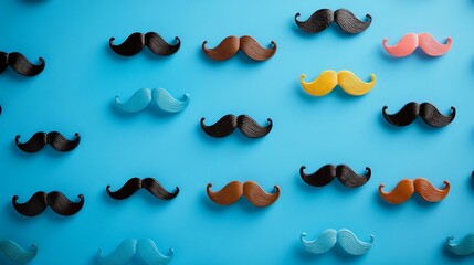 Fototapeta premium Moustaches of various shapes adorn a blue background, ready for a celebratory photoshoot. This playful display serves as a thoughtful reminder of Father's Day and the importance of men's health