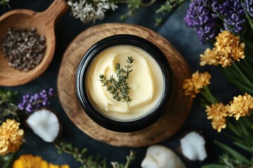 Herbal cream surrounded by flowers and herbs.