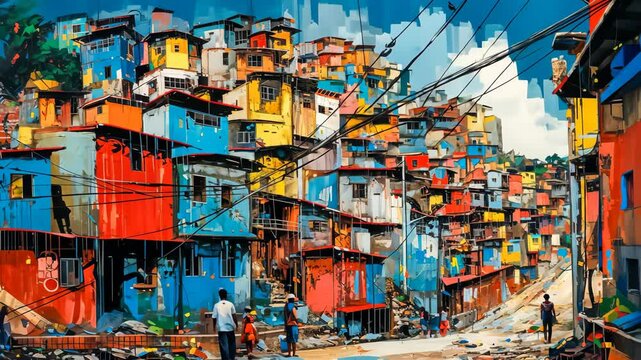 Painting showing tourists walking uphill in favela