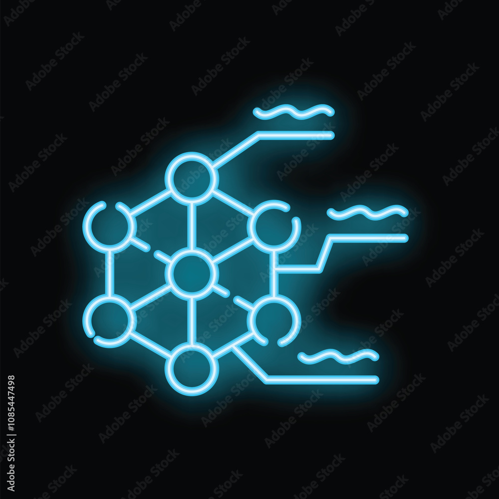Poster blue neon icon depicting a machine learning process with nodes and connections
