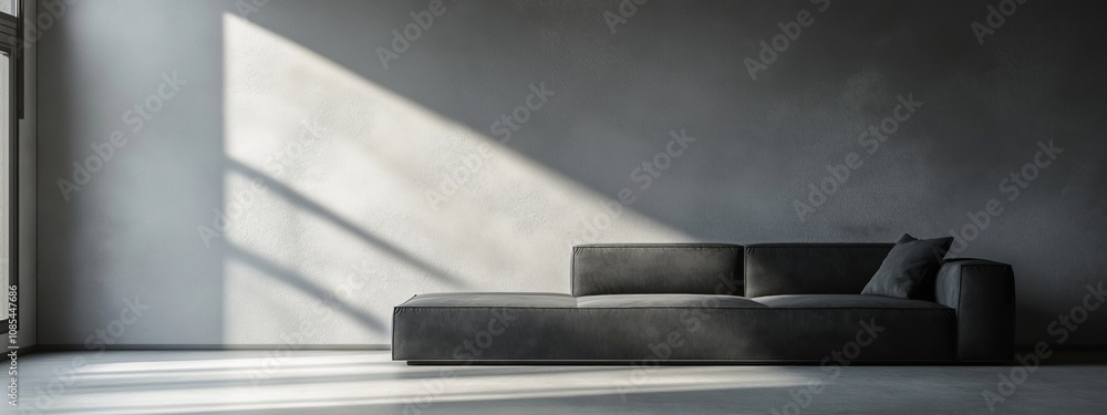 Wall mural A modern, minimalist living room featuring a sleek black sofa with sunlight casting shadows on a textured gray wall.