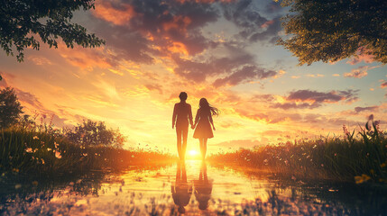 Fototapeta premium Romantic couple holding hands at sunset by a tranquil lake with colorful sky and reflection