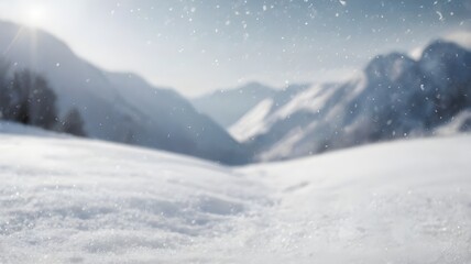 beautiful winter day in a serene snowy landscape background. fresh, untouched snow covers the ground,  in the background, snow-covered pine trees create a blurred backdrop