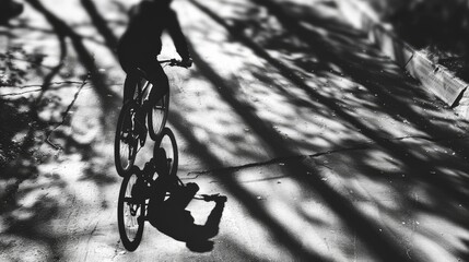 Naklejka premium Silhouette of a cyclist in the shadow of a tree.