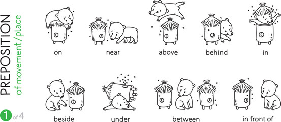 Preposition of place. Funny bears cartoon set