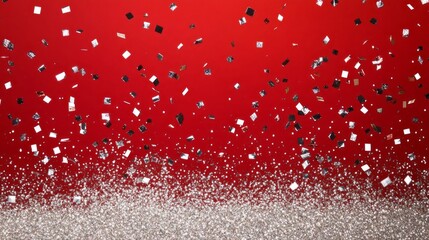 A red background with silver confetti falling from the sky