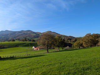 Paisagem rural em meio às montanhas com verdes pastagens e algumas árvores sob um céu azul