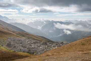 Landscape view of Caucasus mountains seen from the top of mountain ridge, Republic of Adygea, Russia