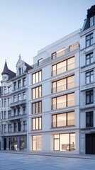 Fototapeta premium Modern apartment building facade in Antwerp during blue hour with sleek design and contrasting black frames