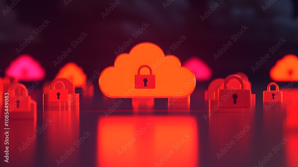 Aufkleber Digital Cloud Storage Concept with Security Lock Icon Representing Data Protection and Cybersecurity in Modern Technology with Glowing Graphics