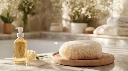 Spa essentials with a loofah and oil on marble.