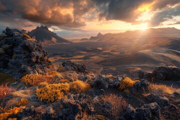 Dramatic Sunset Over a Volcanic Landscape in Iceland