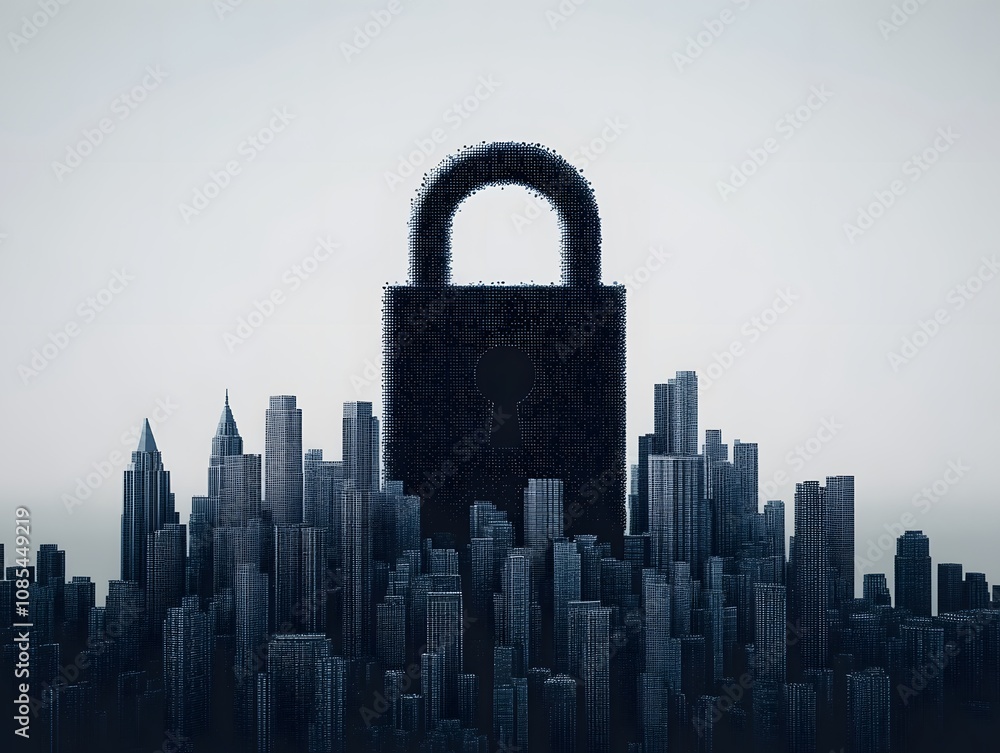 Aufkleber a conceptual representation of urban security with a large padlock overshadowing a cityscape symboli