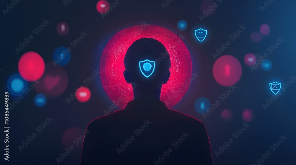 Poster Abstract representation of digital security and privacy with a silhouette of a person against vibrant background and security icons indicating protection