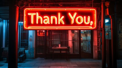 A neon sign saying "Thank You" hanging above a storefront at night.