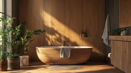 Modern wooden bathroom with tub 