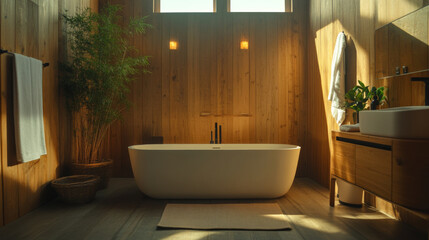 Modern wooden bathroom with tub 