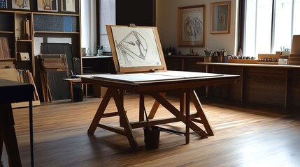 Classic drafting table with adjustable surface, featuring a sleek wooden top and sturdy metal frame, ideal for architects, designers, and artists in a professional workspace setting.