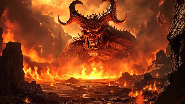 Giant red demon emerging from fiery inferno