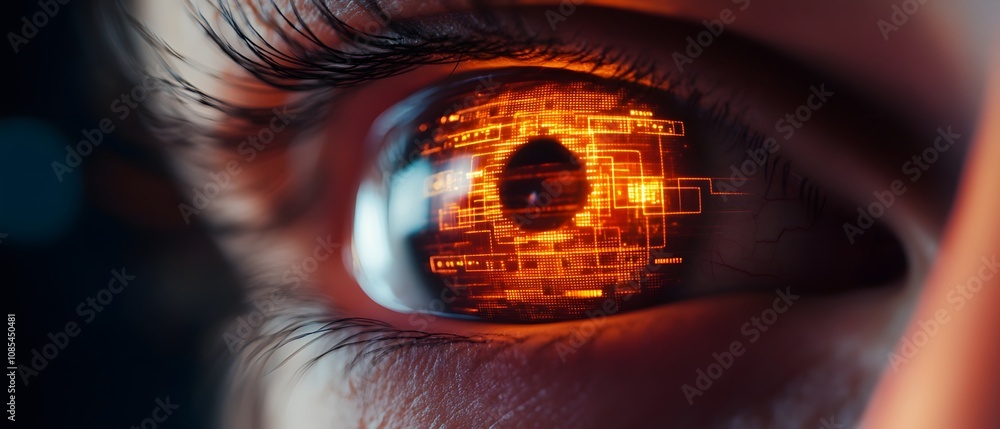 Poster Intricate Close-up of a Human Eye with Digital Technology Elements Illuminated in Orange, Symbolizing Advanced Vision and Future Innovations in Artificial Intelligence