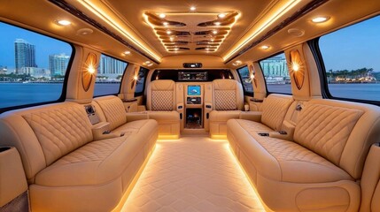 Luxurious black van interior with plush leather seats and city skyline views at night
