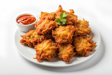 Pakora: Delicious Indian Snack on a Plate Isolated on White Background