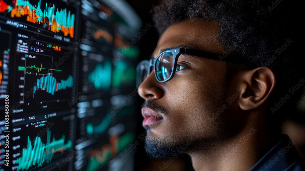 Aufkleber a young man focuses intently on financial graphs and data displayed on a screen in a dimly lit envir