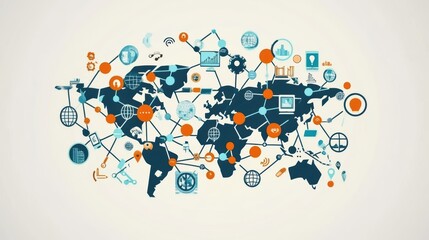 stock infographic of Interactive global business network, interconnected and digital, midday, modern info graphic