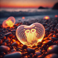 AI image of a heart-shaped, glowing jellyfish on the beach at dusk, surrounded by pebbles for a warm and romantic atmosphere.