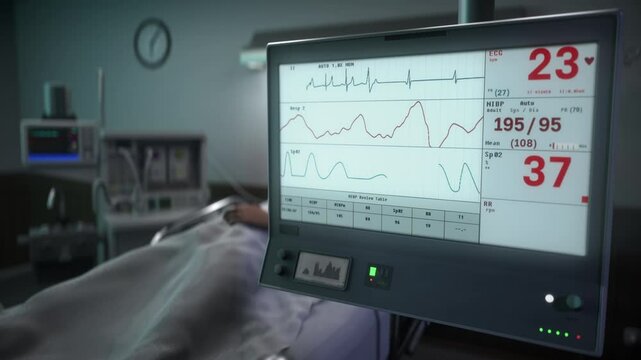 Identifying the rapid decline of the patients pulse in the emergency room. Monitoring system examines the patients pulse in the emergency room. Emergency patients heartbeat is slowing down. Pulse.
