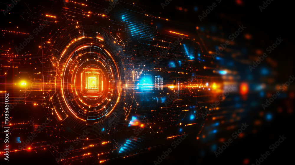 Poster vibrant digital design features glowing lines and shapes in orange and blue, illustrating concepts o
