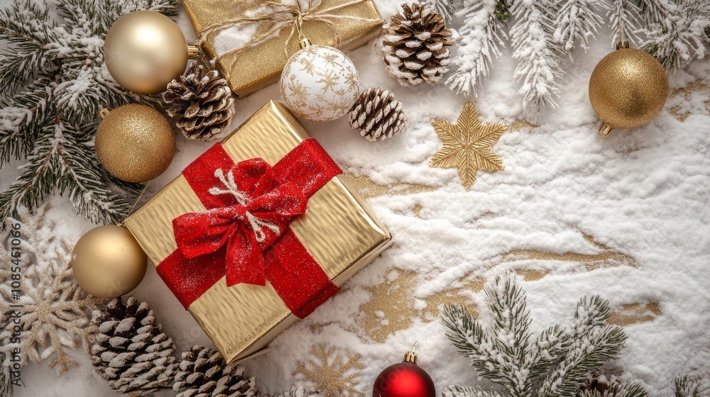 Poster a gold and red box with a red bow sits on a snowy surface