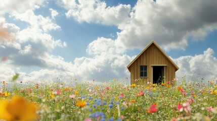 Small wooden house in the middle of a wildflower meadow, cloudy sky