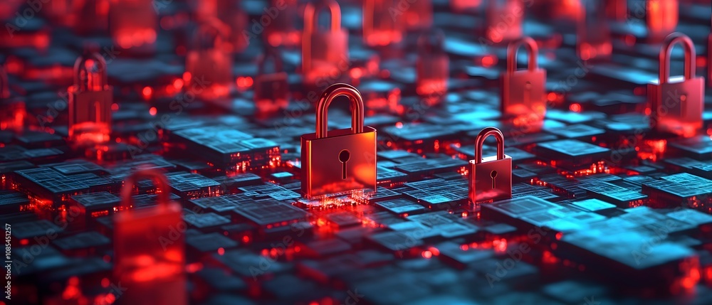 Poster futuristic digital landscape with metallic locks and neon lights illustrating concepts of cybersecur