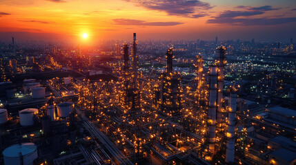 Fototapeta premium The horizon glows with warm colors as sunset illuminates oil refineries and storage tanks, creating a stunning industrial landscape