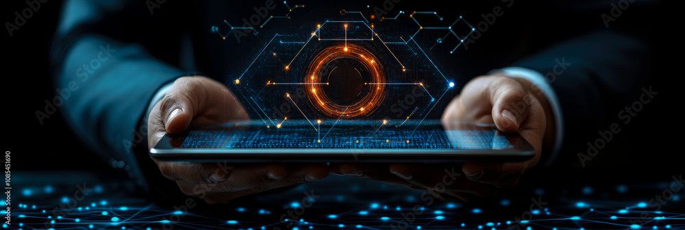 Poster an individual is holding a tablet that displays a luminous digital interface with intricate patterns