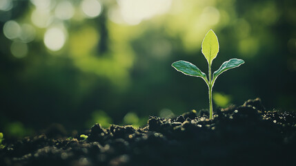 New seedlings growing in the soil under sunlight and the theme concept of hope
