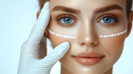 A woman on a cosmetic consultation, her face is marked with white lines by a marker pen of a doctor of cosmetology. A plastic surgeon in medical gloves. Beauty industry Botox injections