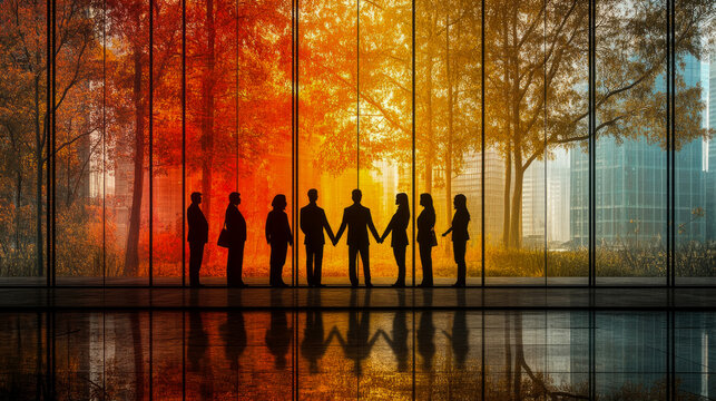 A group of eight individuals stands hand in hand, silhouetted against colorful autumn trees, reflecting through a glass fa&ccedil;ade during sunset