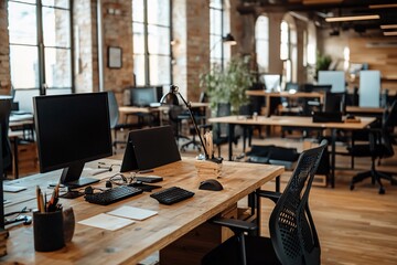 Modern Office Workspace with Wooden Desks and Natural Light