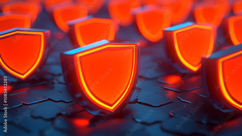 Poster Bright Red Protective Shields with Glowing Edges on a Dark Background Representing Security, Safety, and Defense in a Digital Environment