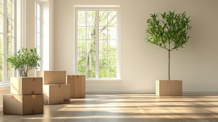 Boxes sit quietly in a sunlit room, while a tall plant brings life and energy to the minimalist decor, creating a peaceful atmosphere.