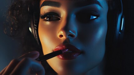 Fototapeta premium Woman in headset, holding lipstick close to her lips as she applies it carefully. Her focused expression is highlighted in soft light.