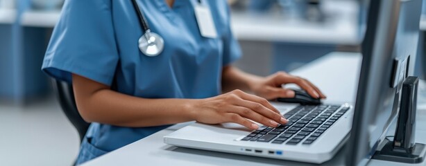 Close-up of a healthcare worker in scrubs typing on a laptop, with a stethoscope visible, in a clinical environment.