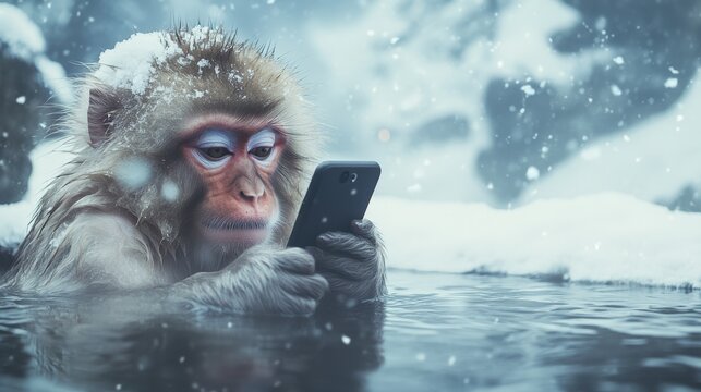 Snow Monkey Using a Smartphone in a Hot Spring