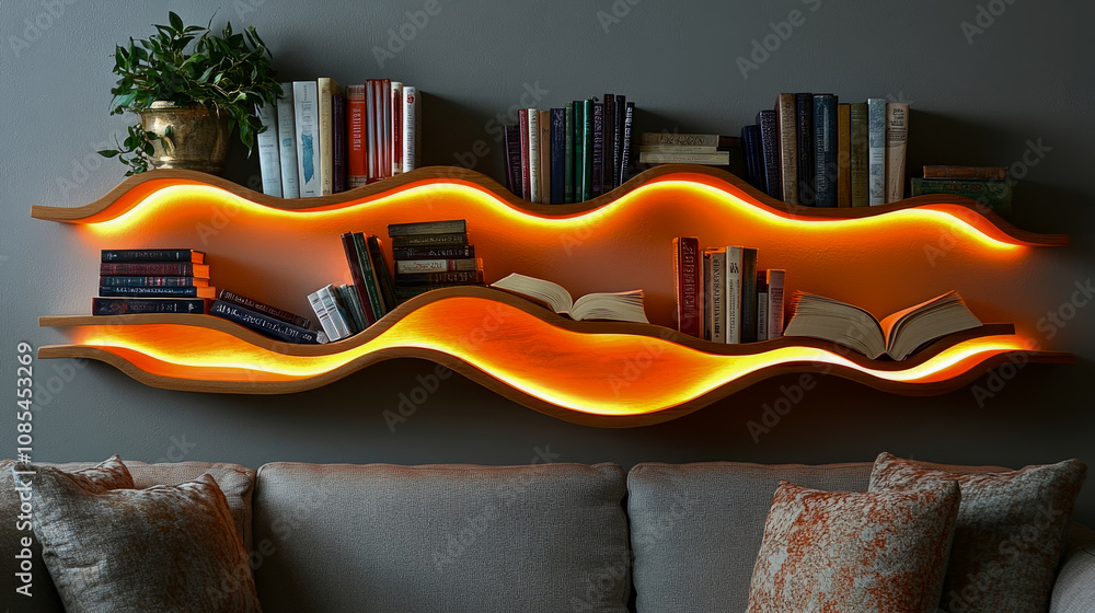 Poster a wavy bookshelf with soft lighting showcases various books, enhancing a comfortable living room atm